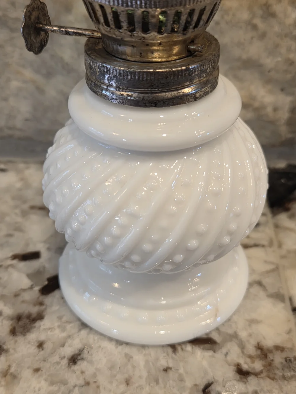 Vintage White Hobnail Milk Glass Mini Oil Lamp w/Fluted Green Glass Chimney